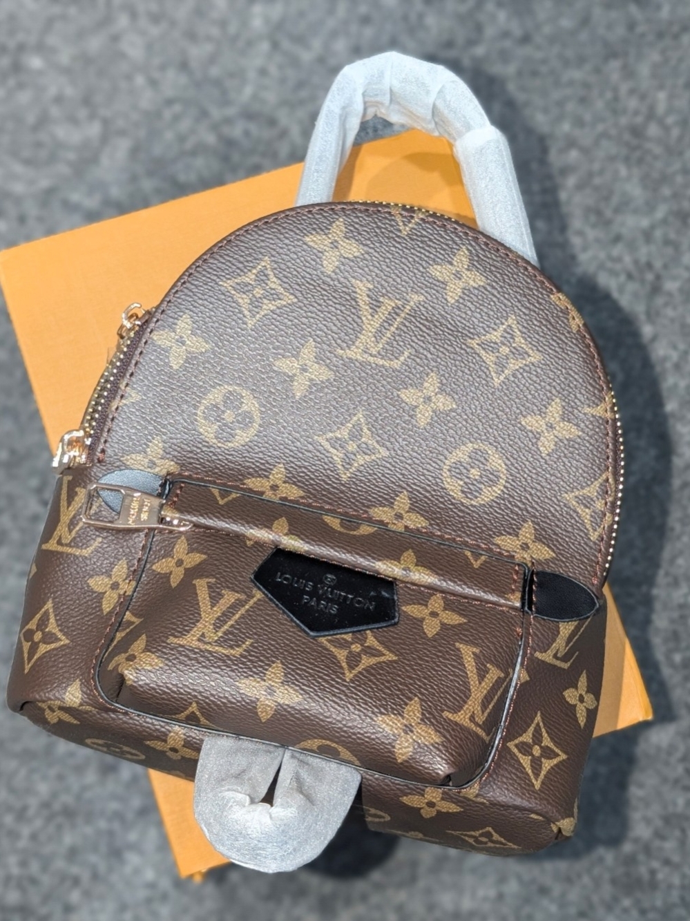 Fashion Inspired Brown Monogram Mini Backpack with Gold Accents
